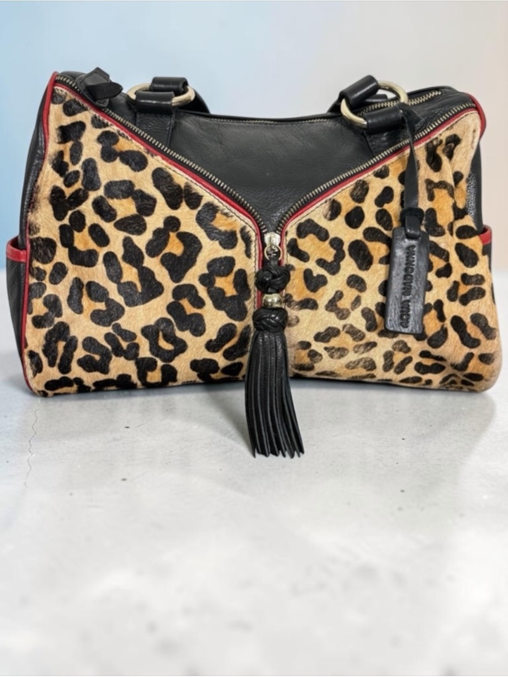 Aqua Madonna Leopard Calf Hair Large Leather Shoulder Bag Red Tassel Zip Satchel